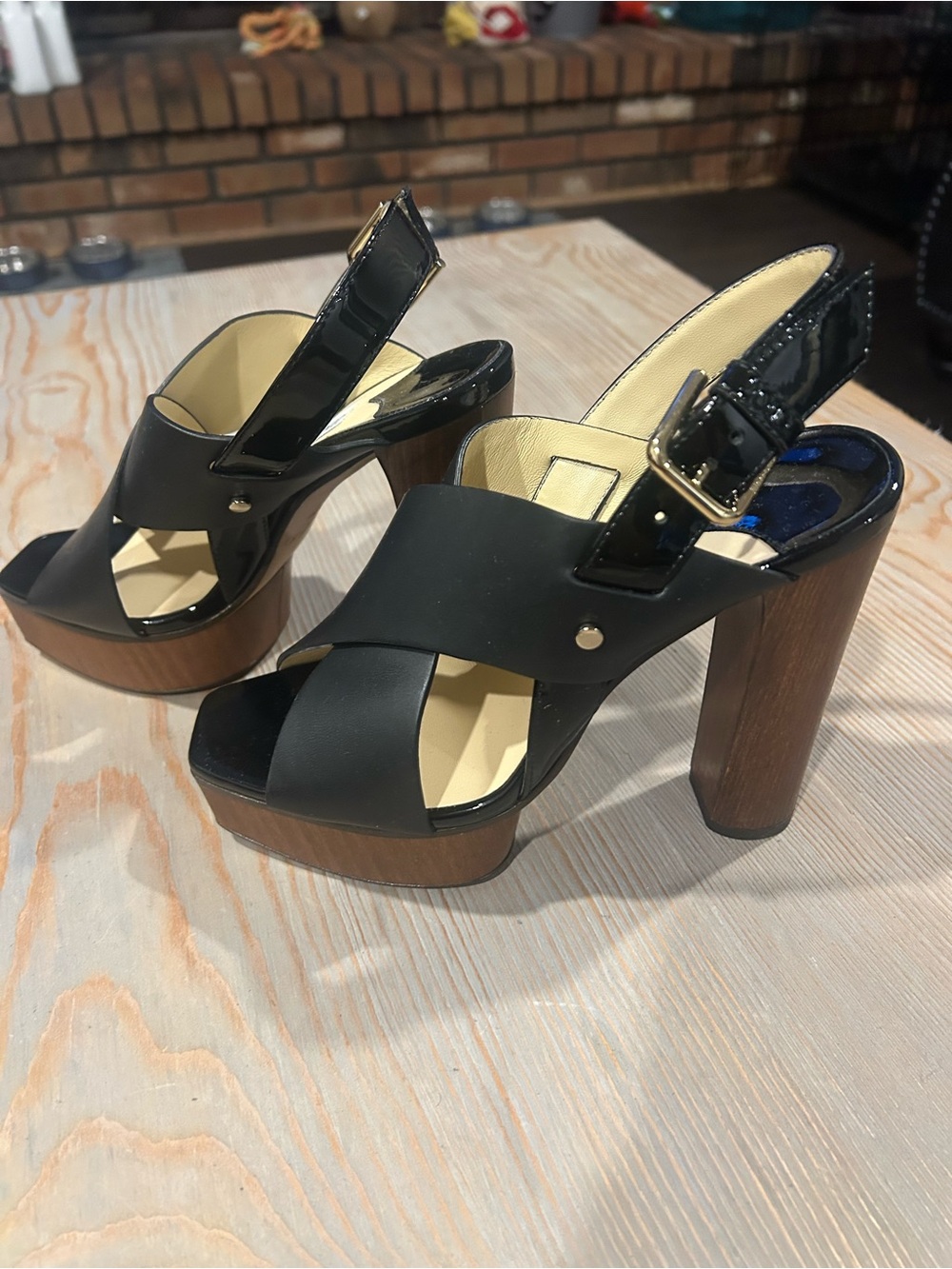 Jimmy Choo Black Crisscross Platform wooden Heels with Gold Buckle - NEW